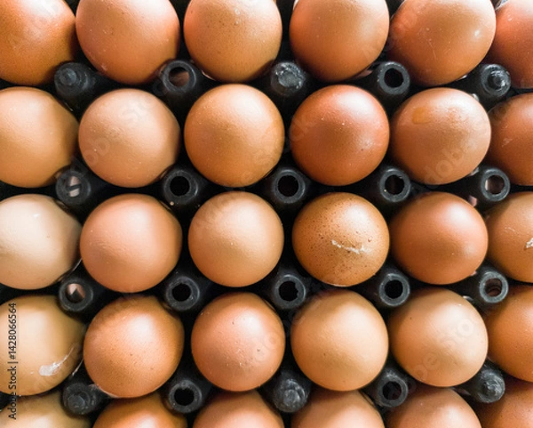 Obraz Stacks of fresh eggs in black trays