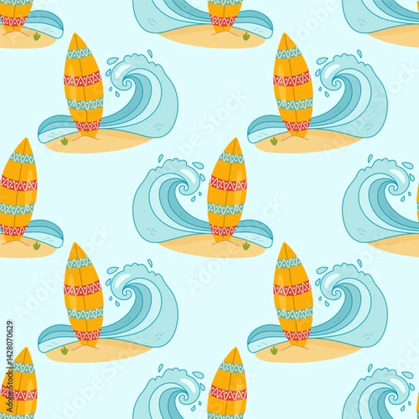Obraz Surfboard and wave seamless pattern for summer themes