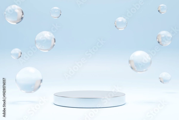 Fototapeta White podium with air bubbles on blue water surface, showcase product, soap spheres or water drops for product ad presentation cosmetics, 3d render