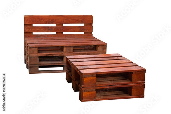 Fototapeta wooden bench and table of construction pallets isolated on white background. outdoor furniture