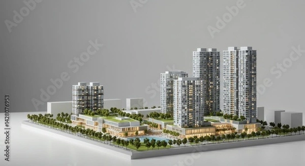 Fototapeta Architectural Model of Modern Residential Complex with Swimming Pool and Landscaping