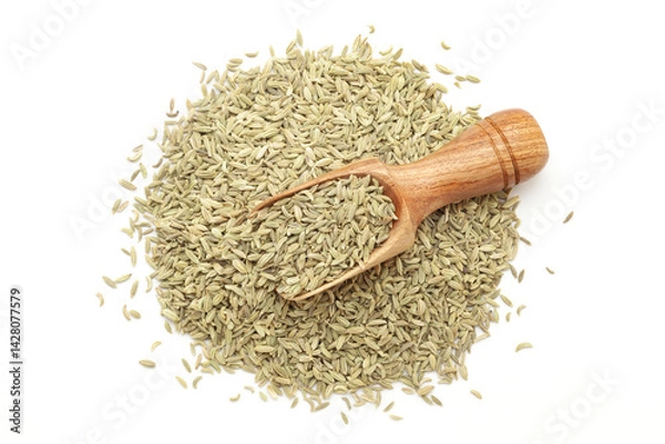 Obraz A wooden scoop filled with organic Fennel Seeds (Foeniculum vulgare) Badi saunf, placed on a heap of fennel seeds, isolated on a white background.