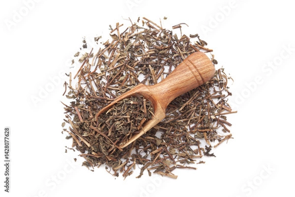Obraz A wooden scoop filled with organic Spearmint or Pudina (Mentha Spicata) is placed on a heap of Pudina stems and leaves, isolated on a white background.