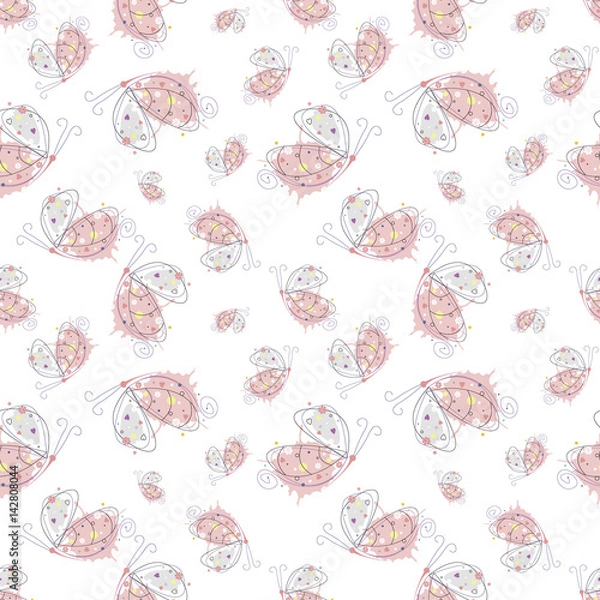 Fototapeta Vector seamless pattern with insect Hand drawn outline decorative endless background with cute drawn butterfly Graphic illustration. Line drawing. Print for wrapping, background, decor