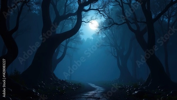 Fototapeta Dark enchanted forest at night, deep shadows, moonlight filtering through twisted trees, misty atmosphere, rich blue and black tones, high contrast, ultra-detailed, photorealistic background, 8k resol