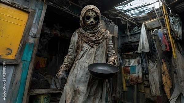 Fototapeta Spooky AI-Generated Figure in Mask, Holding Pan, Poverty Scene
