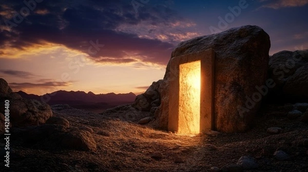 Fototapeta Timeworn stone doorway of tomb with glowing sky above, Valley of Kings scene