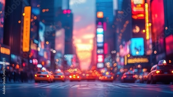 Fototapeta Blurred Sunset Over Times Square with Taxi Cabs and Bokeh Lights