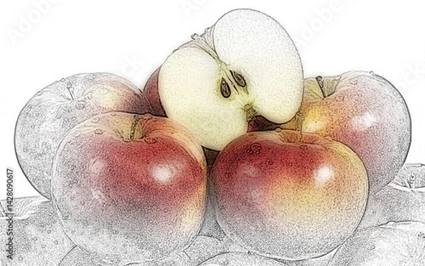 Fototapeta Sliced some apples are displayed on a wooden board.
whole one sits nearby.
