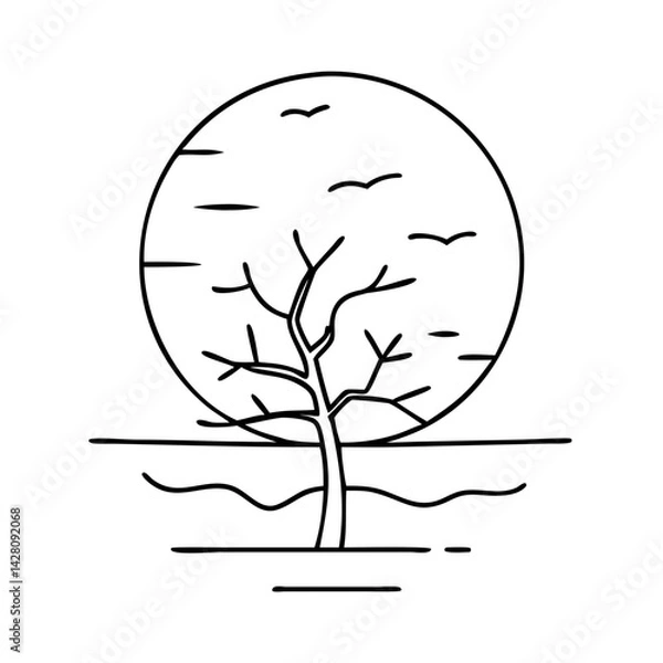 Fototapeta tree silhouette at sunset icon, tree silhouette at sunset line art - simple line art of tree silhouette at sunset, perfect for tree silhouette at sunset logos and icons