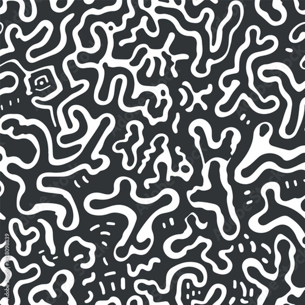 Fototapeta Vector abstract linocut poster template. Modern trendy minimal style. Black and white colors. Botanical blockprint. Pattern design for wallpaper, wall decor, print, postcard, cover, template.