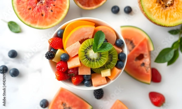 Fototapeta colorful fruit salad with kiwi, watermelon, and berries in a white bowl
