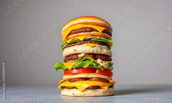 Fototapeta towering burger stacked with cheese, lettuce, and tomato on a gray background