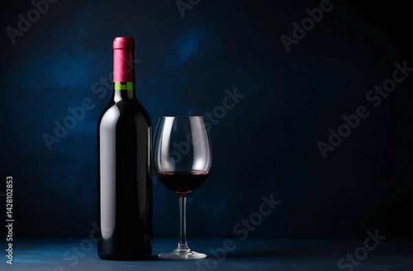 Fototapeta dark blue background copy space with A bottle of wine without text free space for text and greetings