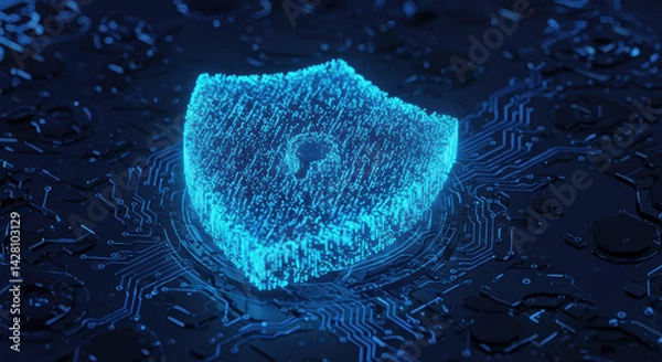 Fototapeta A digital shield of light glows against a dark, futuristic circuit board background.
