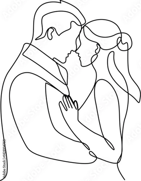 Fototapeta A romantic couple hugging face to face, one continuous line drawing. 