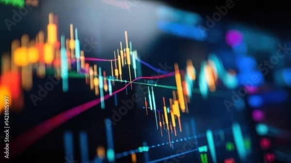 Obraz Bright stock market graph with red and green candlestick lines on a glowing abstract digital screen, showing investment growth and financial movement