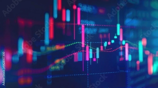 Obraz Bright candlestick chart lines on a dark blue digital screen showing movement in stock market graph and patterns of investment growth