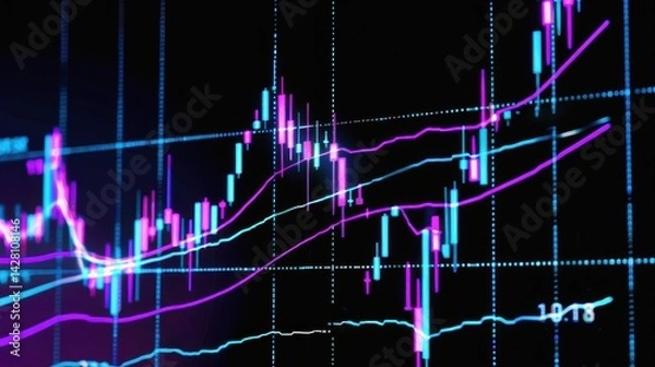 Obraz Stock market graph on a digital screen with purple and blue lines showing price movements, investment growth, and market trends, Stock market graph visualization
