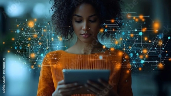 Fototapeta Person Using Tablet with Glowing Digital Network Overlay