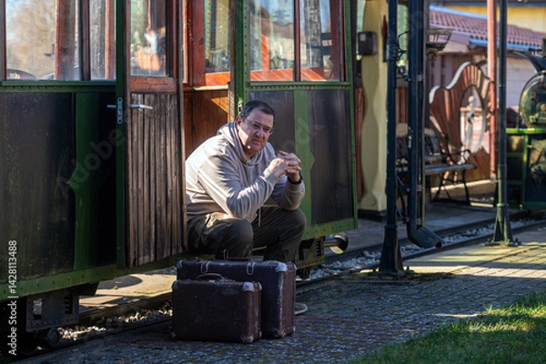 Obraz A man relaxes outside a colorful tram station while waiting, holding a suitcase.
