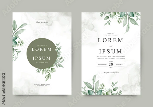 Fototapeta Elegant double sided wedding invitation template set with watercolor greenery