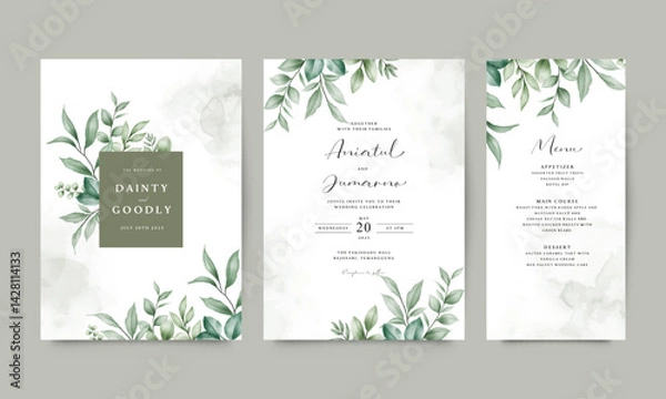 Obraz Three-sided wedding invitation template set with elegant greenery