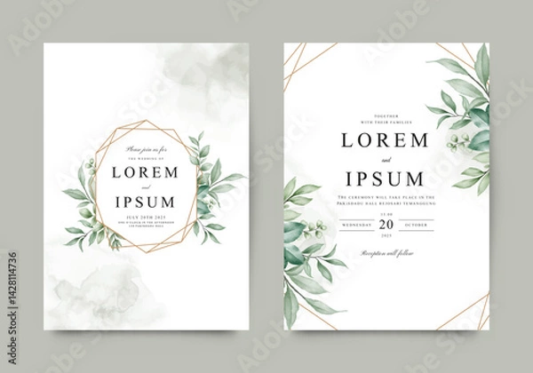 Fototapeta Elegant wedding invitation template with gold geometric frame arranged in green plants