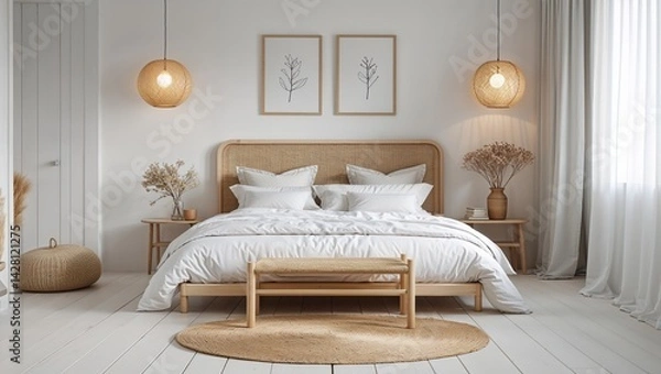 Fototapeta Luxury hotel bedroom interior showcases comfortable bedding, designer furniture, and soft lamp light