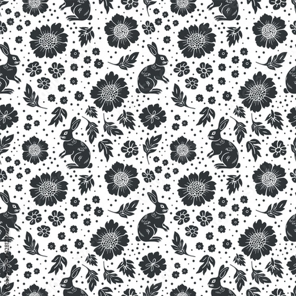 Obraz Vector seamless pattern linocut floral and rabbits. Modern trendy minimal style. Black and white colors. Botanical blockprint. Design for wallpaper, wall decor, print, postcard, cover, template.
