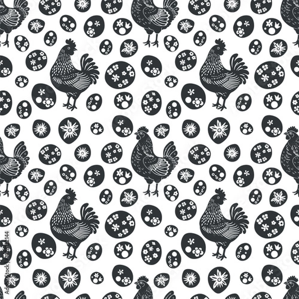 Obraz Vector seamless pattern linocut with chicken and eggs. Modern minimal style. Black and white colors. Botanical blockprint. Easter design for wallpaper, wall decor, print, postcard, cover, template.