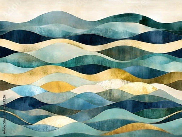 Obraz Abstract Gold Teal Blue Wave Landscape Art Print