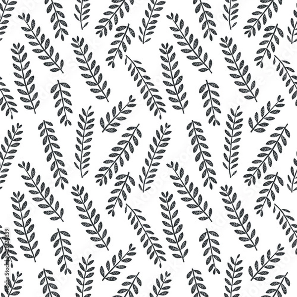 Fototapeta Vector seamless pattern linocut floral. Modern trendy minimal style. Black and white colors. Botanical blockprint. Hand drawn design for wallpaper, wall decor, print, postcard, cover, template.