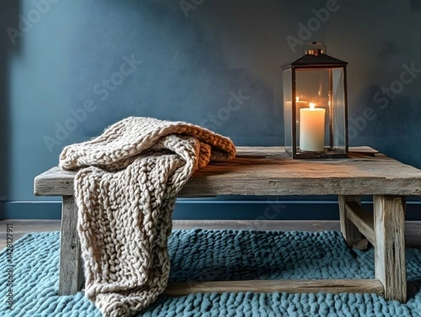 Obraz Cozy Knit Blanket on Rustic Wooden Coffee Table with Lantern and Candle