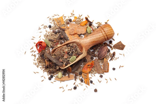 Obraz A wooden scoop filled with organic warming spices or whole Garam Masala, placed on a heap of whole spices, isolated on a white background.