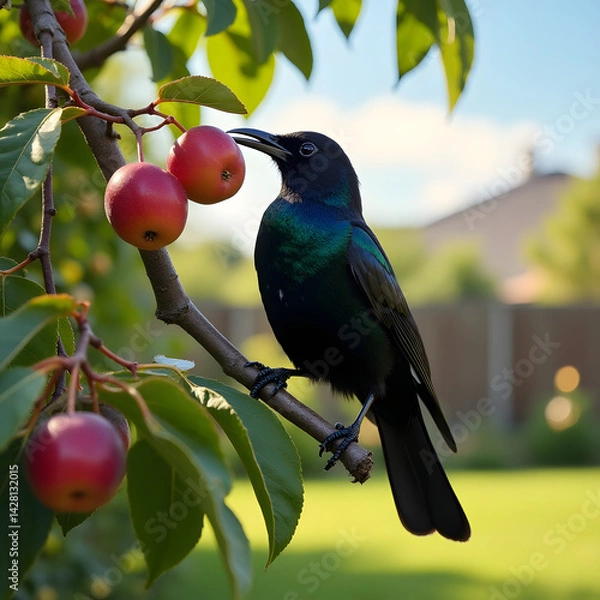 Obraz A blackbird enjoying plums from a backyard fruit tree 