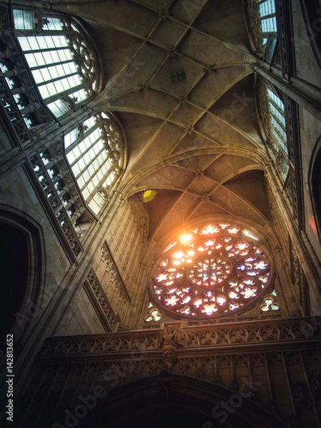 Fototapeta St. Vit Catedral from inside with stained glass front, Prague, Cechia