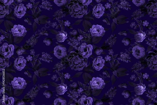Fototapeta Floral seamless pattern. Vintage Spring Flower illustration. Peonies and Hyacinths in Full Bloom. Luxurious garden flowers on black background. Template for textiles, wallpaper, wrapping