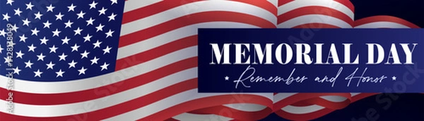 Fototapeta Memorial Day USA header design with 3d flag. Remember and Honor poster for memorial day celebration template with text and waving us flag. American national holiday vector illustration