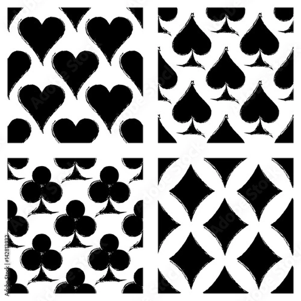Fototapeta Vector set of seamless grunge patterns. Grungy graphic illustration of sign of playing card with ink blot, brush strokes. Endless background. Series of gaming and gambling seamless vector patterns.