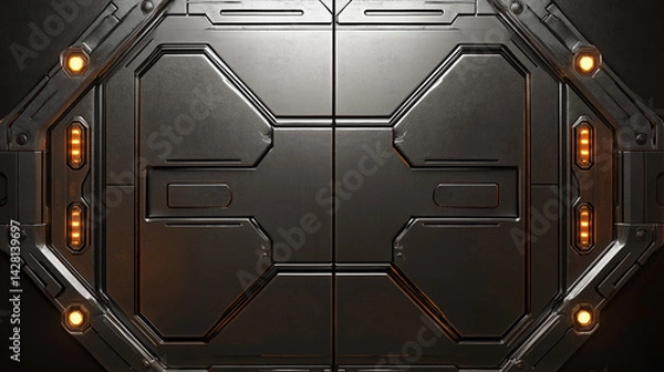 Fototapeta Sci-fi style metallic panel with illuminated LED lines and hexagonal tech engravings, futuristic tone