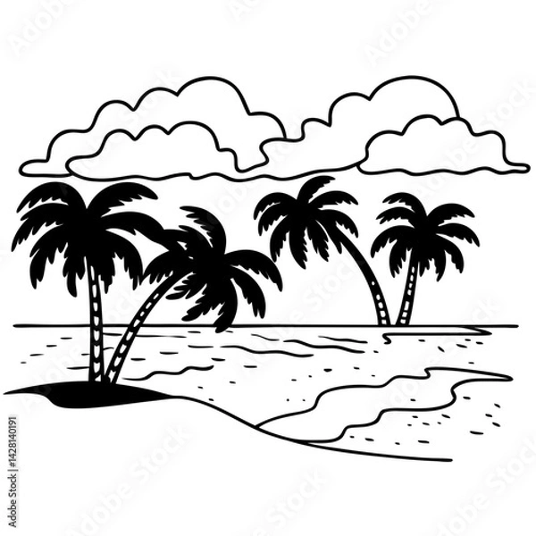 Fototapeta Tropical beach scene with palm trees against clouds  