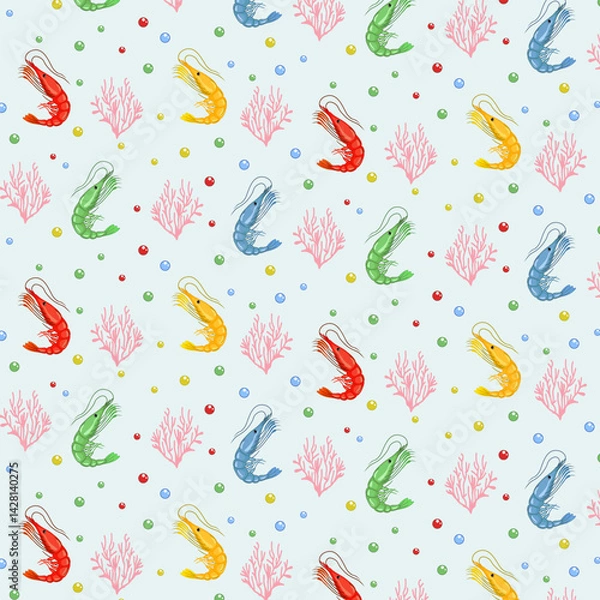 Fototapeta Pattern of multi-colored shrimps.Multicolored shrimps and corals on a blue background with bubbles in a vector seamless pattern.
