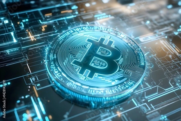 Fototapeta Glowing Bitcoin on Digital Circuit Board