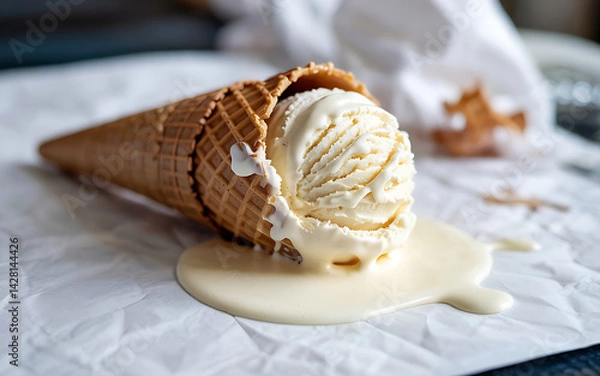 Obraz Vanilla Ice Cream Cone Melting On White Paper Sweet Dessert Still Life