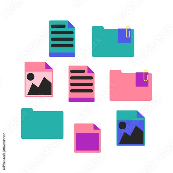 Fototapeta Set of colorful flat style file and folder icons. Includes different file types such as PDF, DOC, JPG, ZIP, and others. Isolated vector illustration for web, apps, infographics, and UI design.