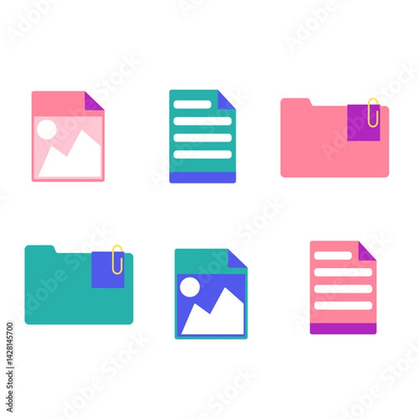 Fototapeta Set of colorful flat style file and folder icons. Includes different file types such as PDF, DOC, JPG, ZIP, and others. Isolated vector illustration for web, apps, infographics, and UI design.