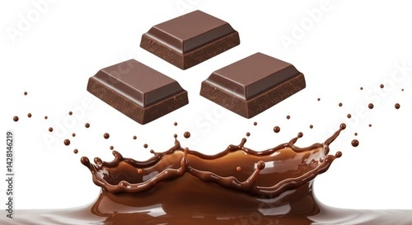 Fototapeta Melted Chocolate and splash with Chocolate Bar Background, 3d illustration.