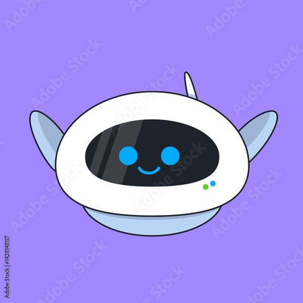 Fototapeta Adorable AI robot character with a winking expression on a solid blue background. friendly artificial intelligence, virtual assistant services, and modern technology with a personal touch.