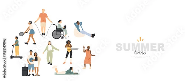 Obraz Summer time banner. Different people are engaged in various types of leisure and relaxation. 